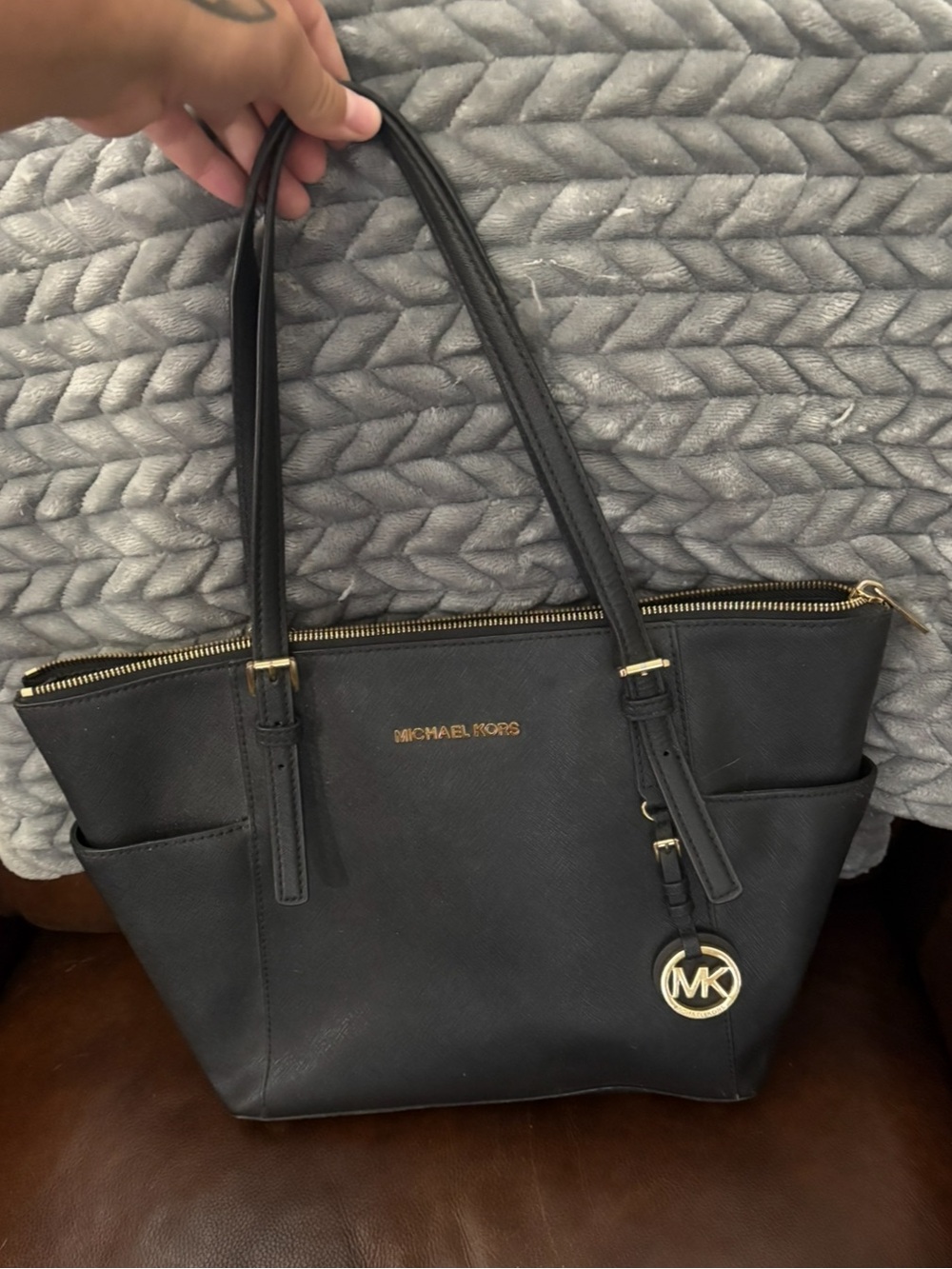 Michael Kors Black Leather Saffiano Tote with Gold MK Charm